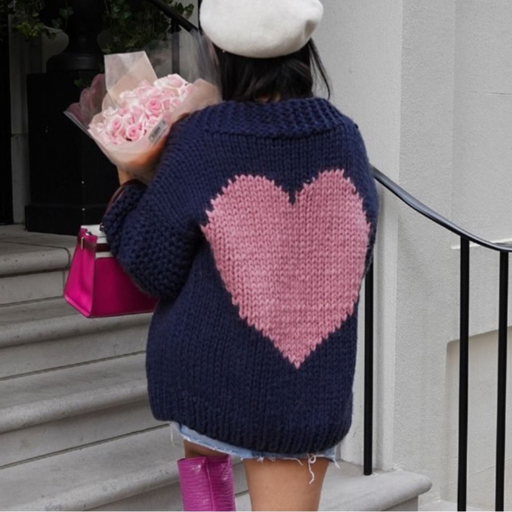 Heart cardigan knit blue pink navy blue sweaters NWT